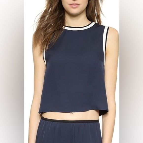 Theory Bonda Sleeveless Silk Crop Top Womens Small Navy White - Picture 1 of 8